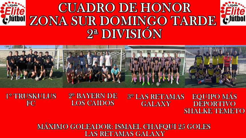 CUADRO DE HONOR. ZONA SUR DOMINGO TARDE 2ª DIVISIÓN